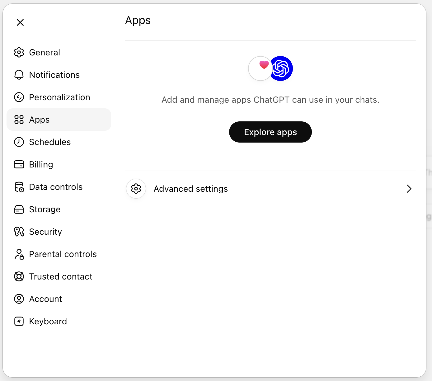 ChatGPT Settings with the Apps section selected and the Advanced settings entry