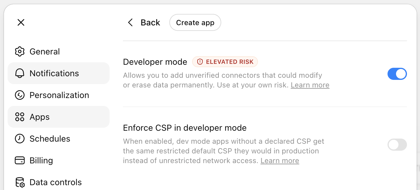 ChatGPT Advanced settings with the Developer mode toggle enabled