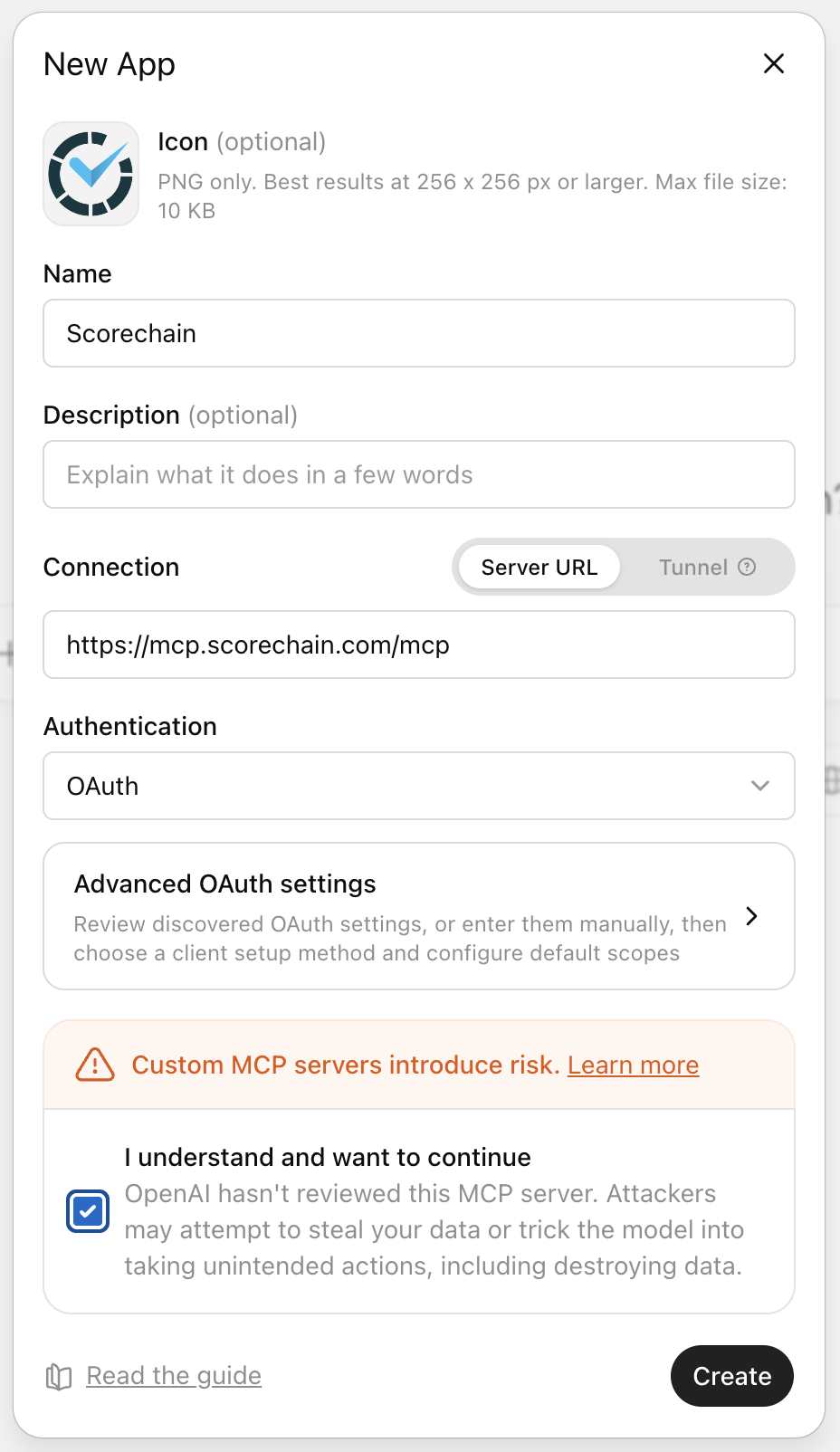 ChatGPT New App form with the Scorechain MCP server URL and OAuth authentication