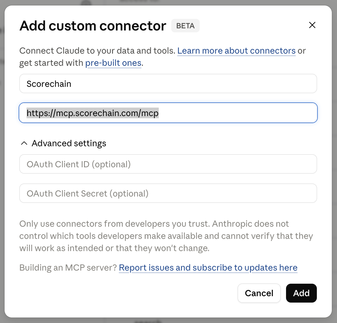 Claude Desktop Add custom connector dialog with the Scorechain name and MCP server URL