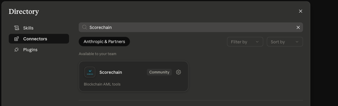 Claude Desktop Add custom connector dialog with the Scorechain name and MCP server URL