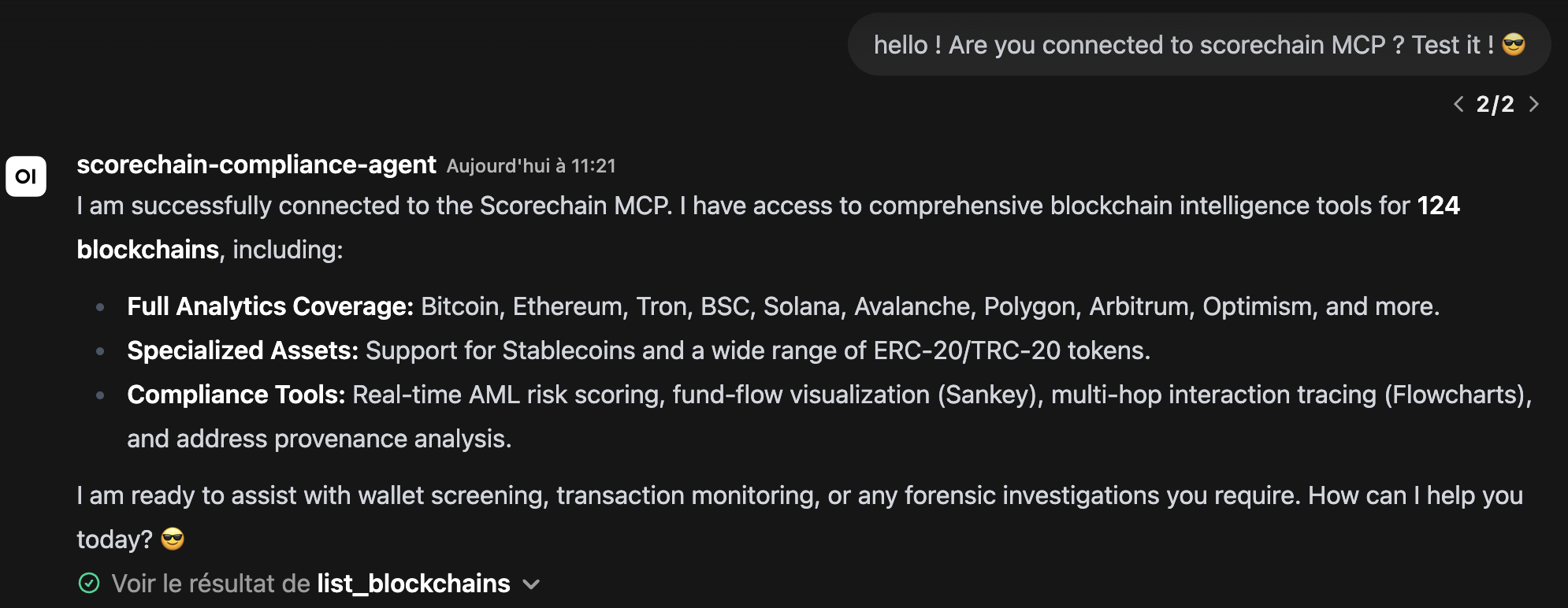 AI client connecting to the Scorechain MCP endpoint, which calls the Scorechain API