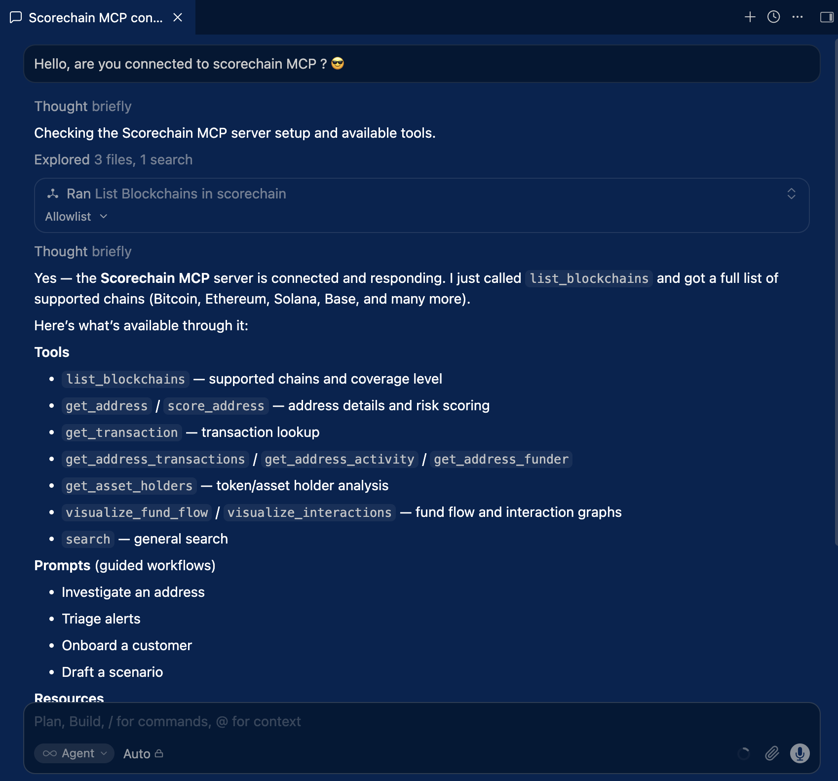 Cursor MCP settings panel with Scorechain configured